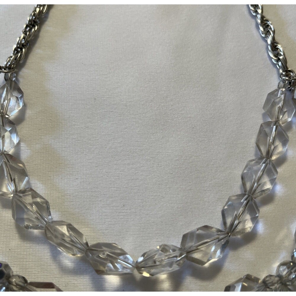LOFT VINTAGE CHUNKY Double Chain Clear Acrylic Bead Necklace Silver Tone 18” - Picture 6 of 10